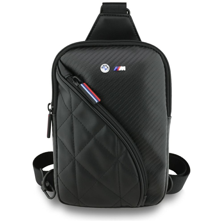 Универсална чанта BMW Crossbody Carbon Pockets and Metal Logo, съвместима с таблети и устройства до 10 инча, Черна