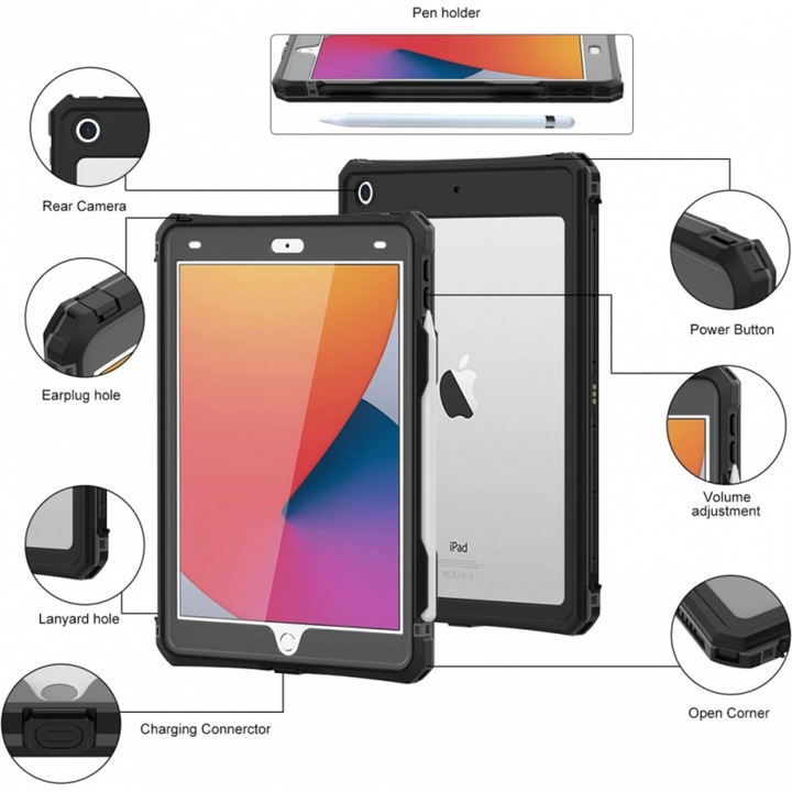 Husa Sigloo, pentru tableta Apple Ipad gen 9/8/7, 10.2", Hybrid 3in1, 360 °protectie, Stand, Waterproof, Negru