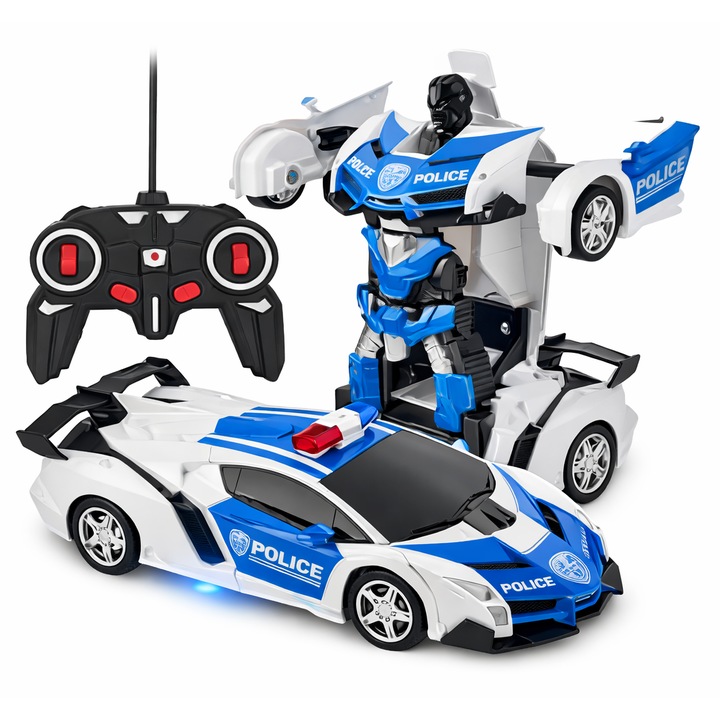 Robot Masina Lamborghini de Politie cu Telecomanda, Transformare Automata, Lumini LED, Jucarie RC, Copii 6+, 23cm