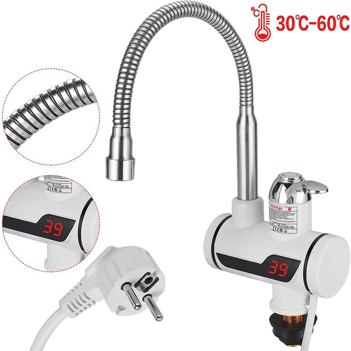 Robinet electric instant, Walpck, Cu Incalzire Instant Apa, Calda, FLexibila, Afisaj Digital, Montare Usoara pe Chiuveta, Temperatura Maxima 60°C, Putere 3000W