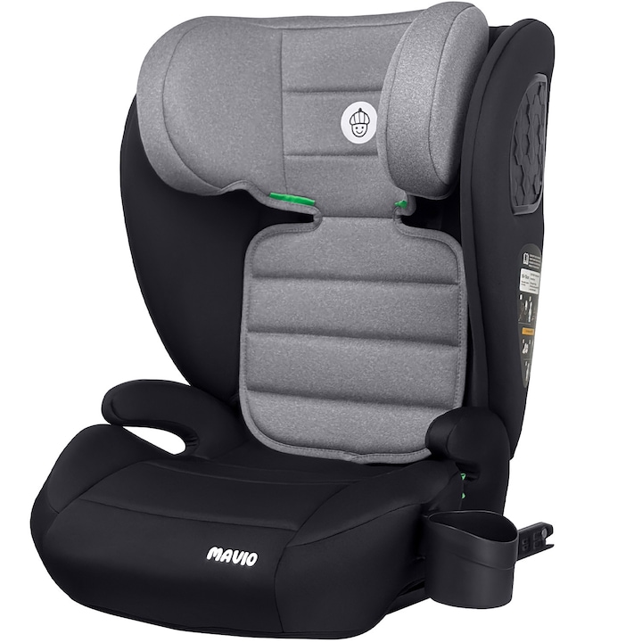 Scaun Auto Copii Mavio®, Model Venture, ISOFIX, 100 – 150 cm, Copii 4 – 12 ani, Tetiera Reglabila, Protectie Impact Lateral, Montaj Centura 3 Puncte, Suport Pahar Integrat, Cadru PP, Omologat i-Size R129, Negru/Gri