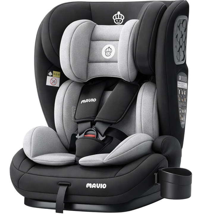 Scaun Auto Copii Mavio®, Model Active, ISOFIX + Top Tether, 76 – 150 cm, 9 – 36 kg, Copii 1 – 12 ani, Montaj cu Fata la Sensul de Mers, Tetiera Reglabila, Protectie Impact Lateral, Centura Siguranta 3 Puncte, Omologat R129, Negru/ Gri