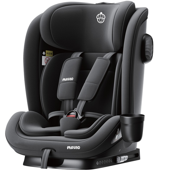 Scaun Auto Bebelusi Mavio®, Model Next, 76 - 150 cm, Unghi Reglabil, ISOFIX, Copii 18 Luni - 12 ani, Spatar Rabatabil, Omologat i-Size R129, Protectie Impact Lateral, Centura de Siguranta 5 Puncte, Tetiera Reglabila, Negru