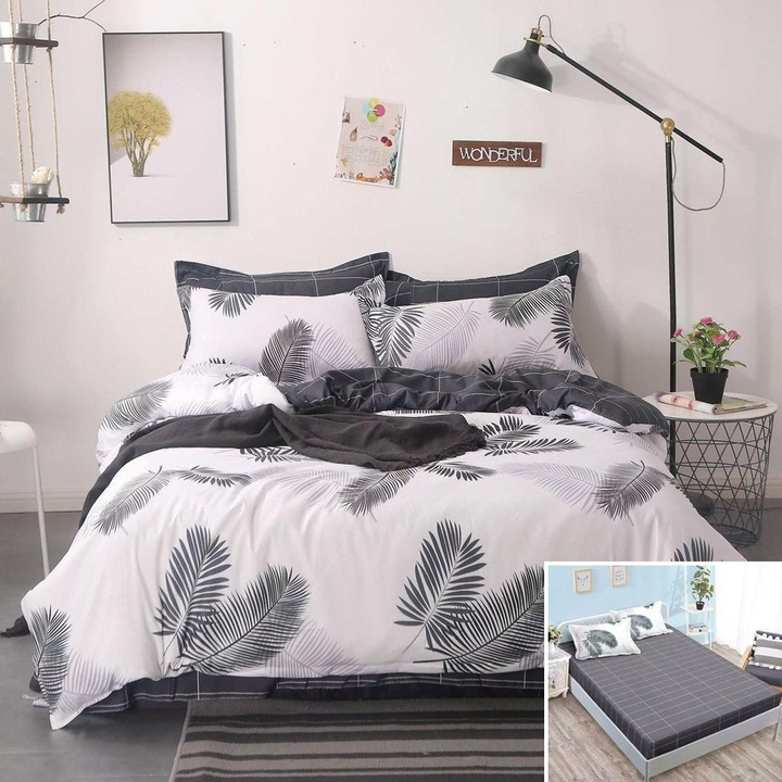 Lenjerie de pat, 2 persoane, bumbac satinat, 4 piese, cu elastic, alb si gri, cu frunze, LS4087