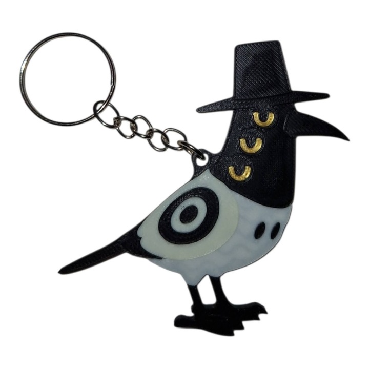 Kulcstartó Szarka Madár K-Pop – 3D nyomtatott, fekete-fehér, arany szemekkel