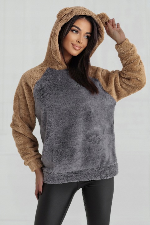 Hanorac dama, gluga, contrast maro gri, XL-2XL INTL