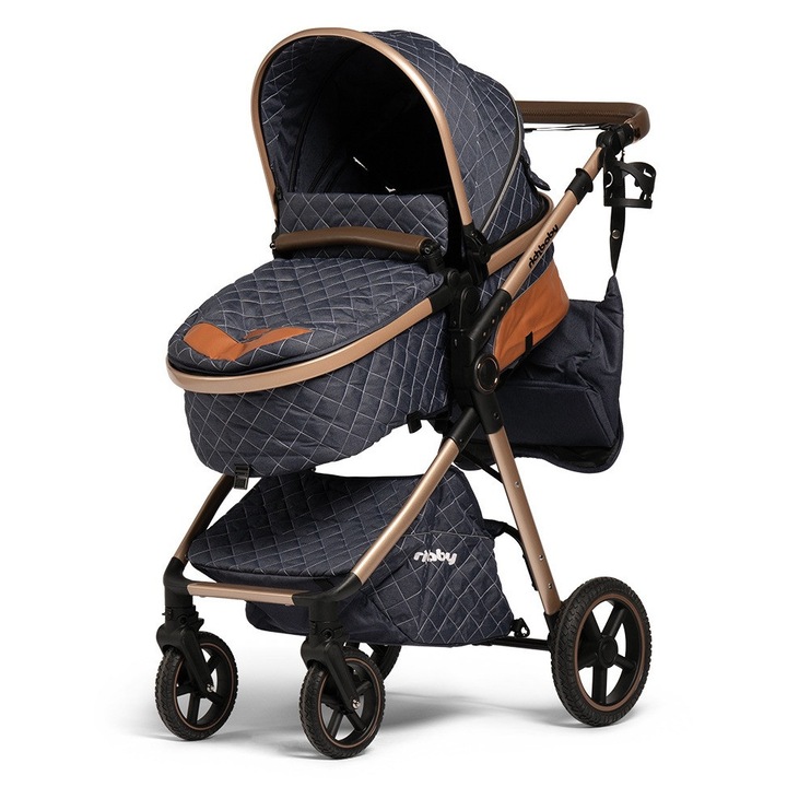 Carucior cu cadru aluminiu Rich Baby V8T 3 in 1, Pliabil, Spatar reglabil, cos accesorii, Golden/Denim Blue, 0-36 luni, Sezut Reversibil