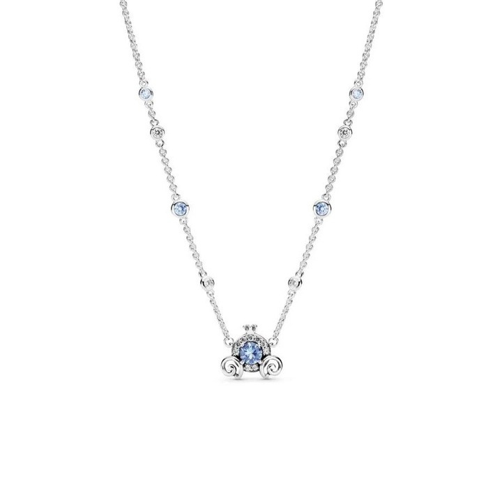 Colier PANDORA cu pandantiv trasura Cenusareasa, argint 925, piatra albastra, 45cm