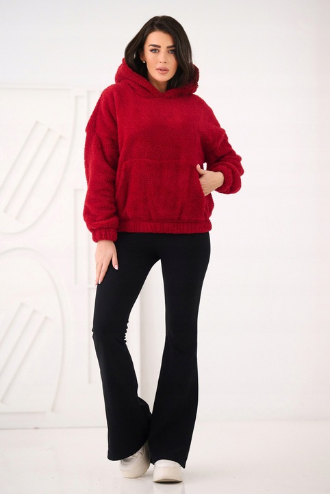 Hanorac dama oversize, rosu, plusat, cu gluga si buzunar, M-L INTL