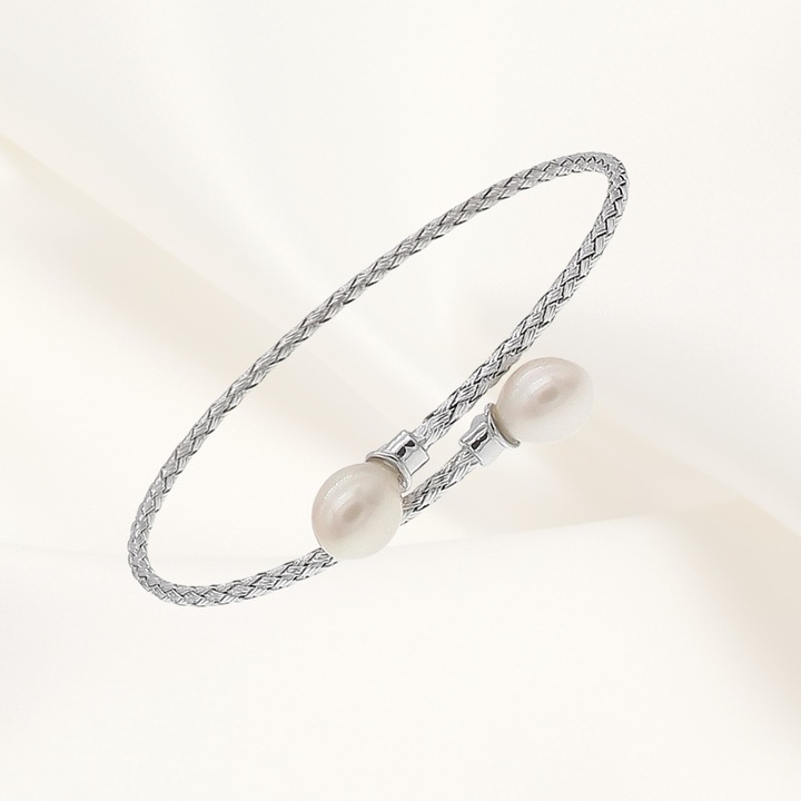 Bratara fixa Pearl Melody, argint cu perle de cultura, Joliesse Diamonds, design elegant, 925, 2 perle