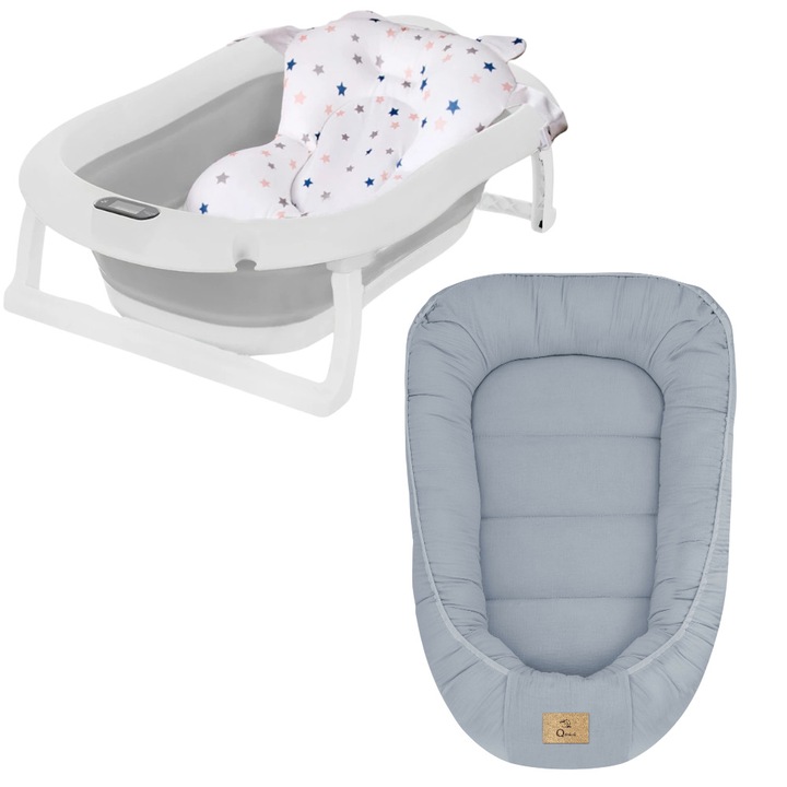 Set cadita pliabila Genua Premium, cu termometru, dop si suport anatomic, Gri si cosulet bebelus, Qmini, 55 x 75 cm, Husa 100% muselina dubla, Jeans