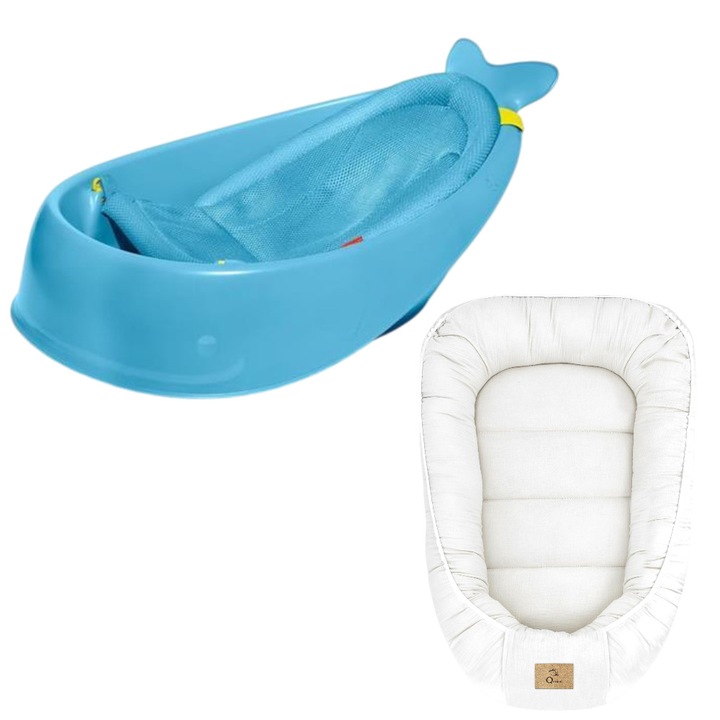 Set Cadita inteligenta, Skip Hop, Pentru 3 etape de crestere, Albastru si cosulet bebelus, Qmini, 55 x 75 cm, Husa 100% muselina dubla, Cream