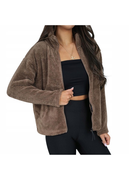 Hanorac dama, guler ridicat, fleece Teddy, maro, croiala lejera, cu fermoar, XS INTL