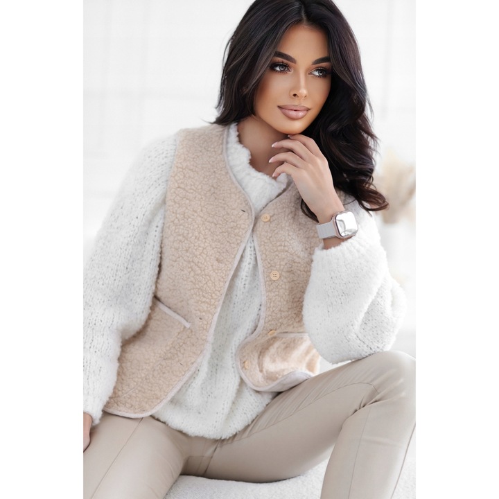 Vesta dama, blana tip ursulet, nasturi, buzunare, bej, S INTL