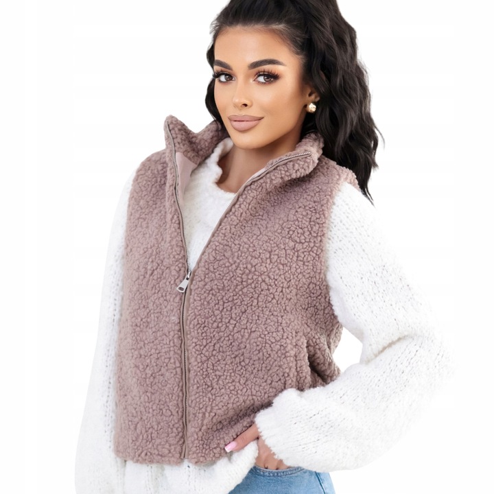 Vesta dama blana tip Teddy, guler ridicat, buzunare, maro, M INTL