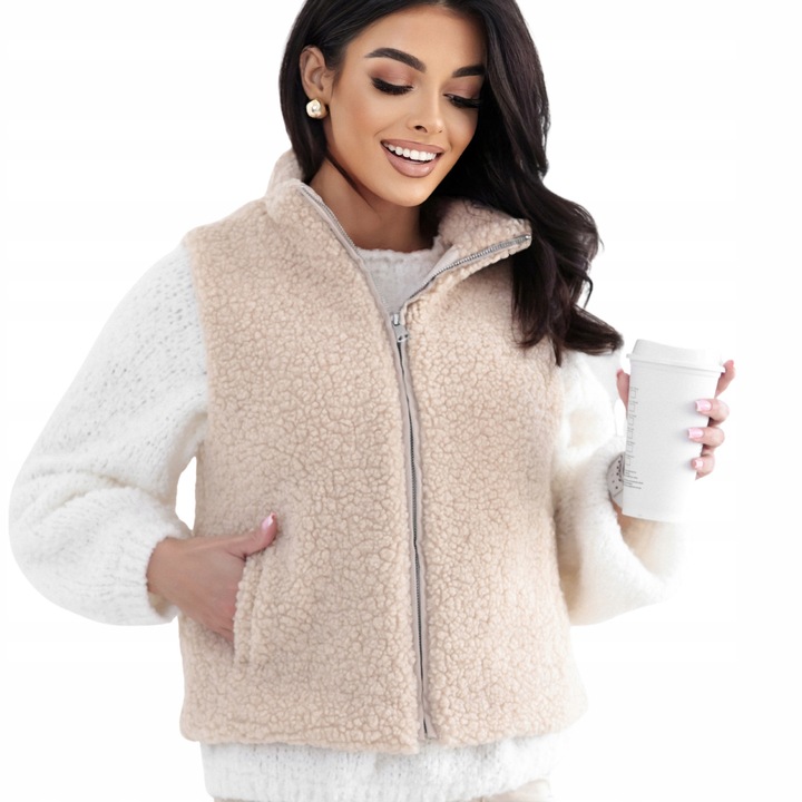 Vesta dama, blana tip ursulet Teddy, guler inalt, buzunare, bej, S INTL