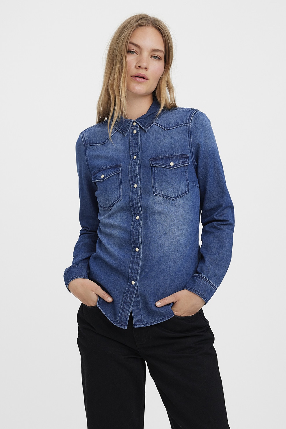 Vero Moda, Camasa din chambray cu maneci lungi, Albastru inchis, M