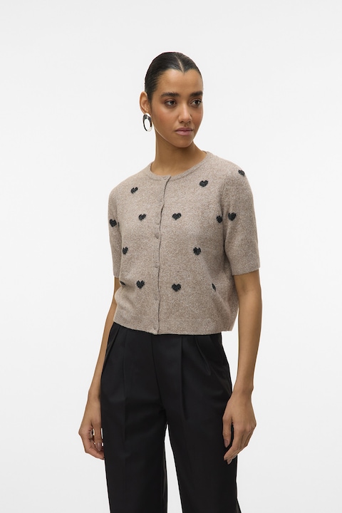 Vero Moda, Cardigan cu nasturi si model inima, Negru/Bej
