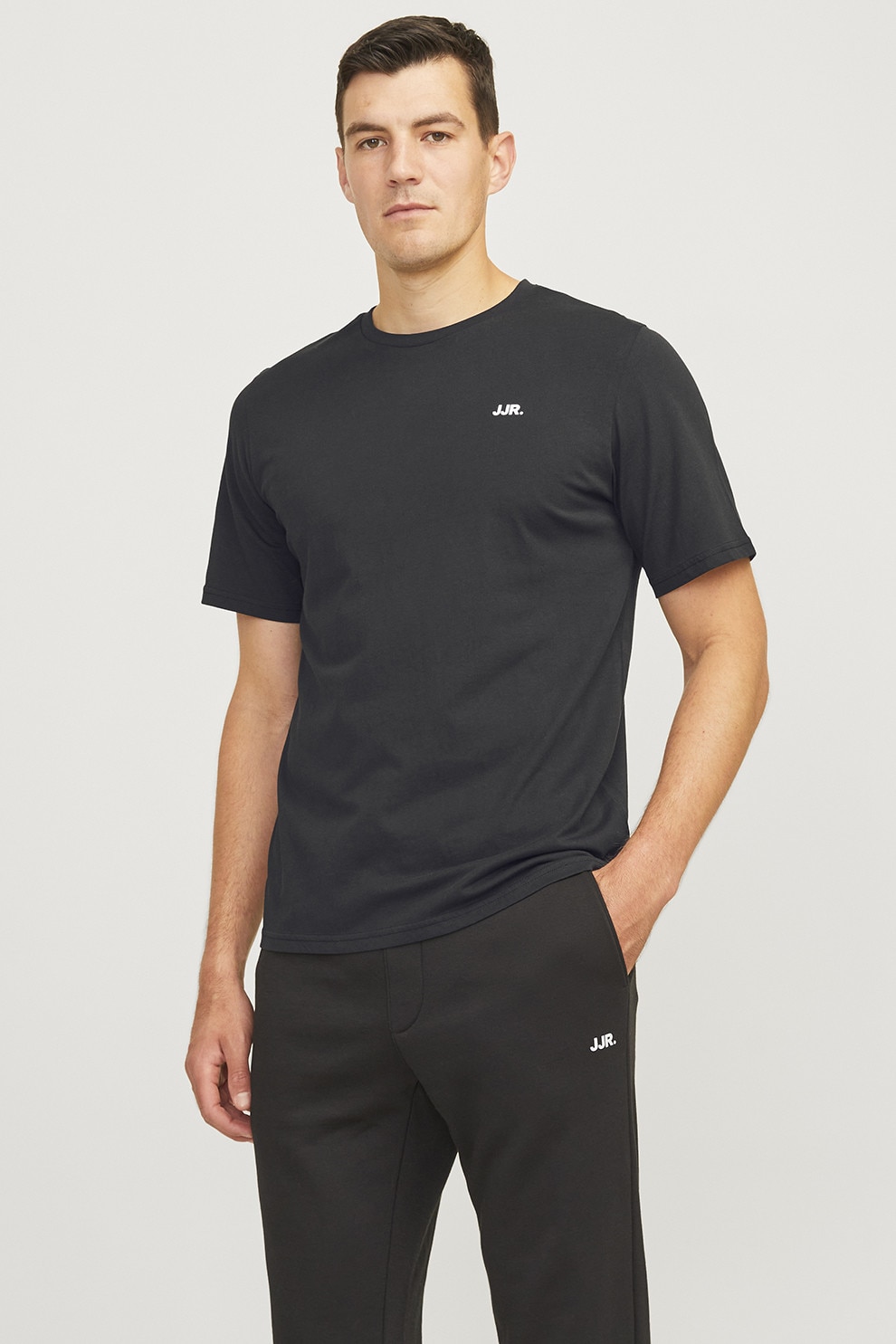 JJ REBEL, Tricou de bumbac cu decolteu la baza gatului, Negru, 2XL