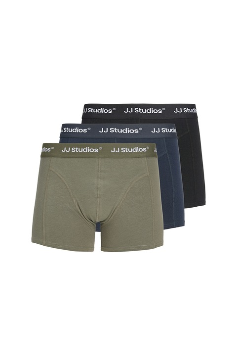 Jack & Jones, Set de boxeri din amestec de bumbac organic - 3 perechi, Negru/Kaki/Bleumarin