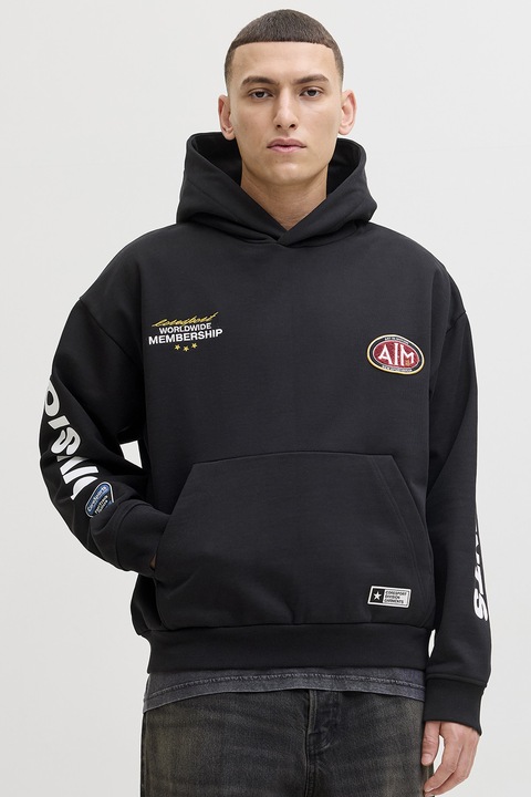 Jack & Jones, Hanorac cu imprimeu si detalii aplicate, Alb/Negru