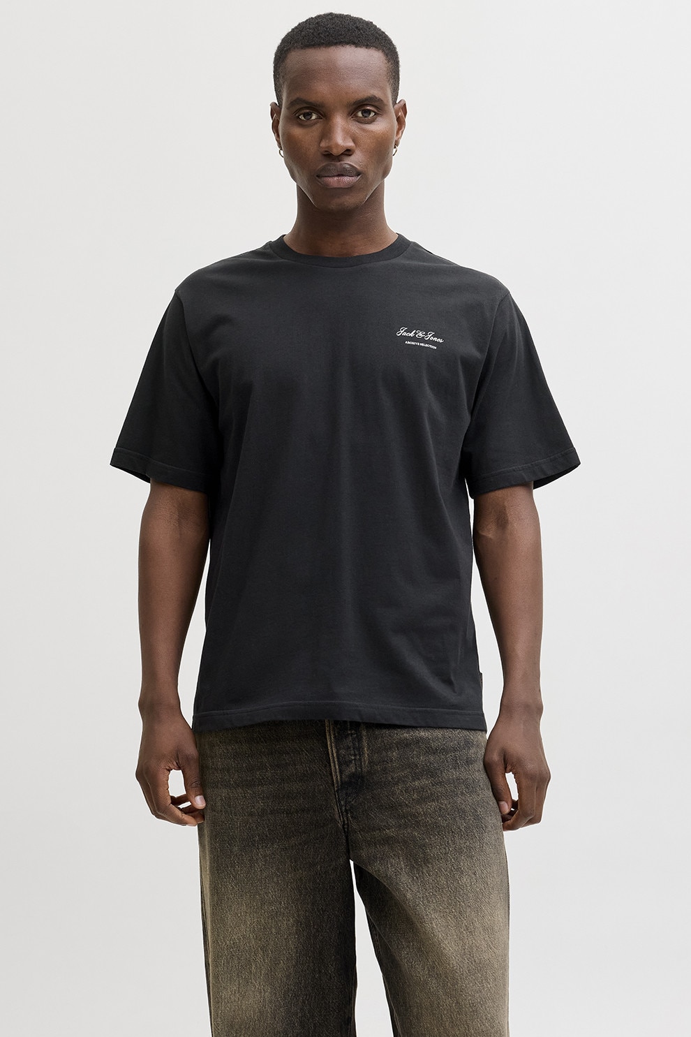 Jack & Jones, Tricou de bumbac organic cu imprimeu logo, Negru, S