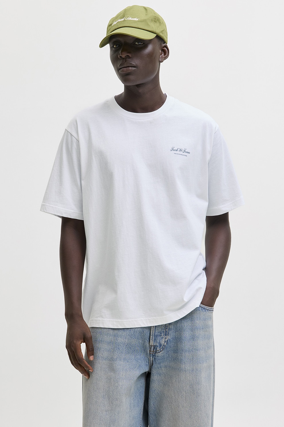 Jack & Jones, Tricou de bumbac organic cu imprimeu logo, Alb optic, S