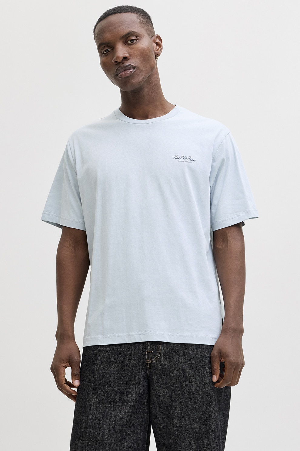 Jack & Jones, Tricou de bumbac organic cu imprimeu logo, Albastru pastel, M