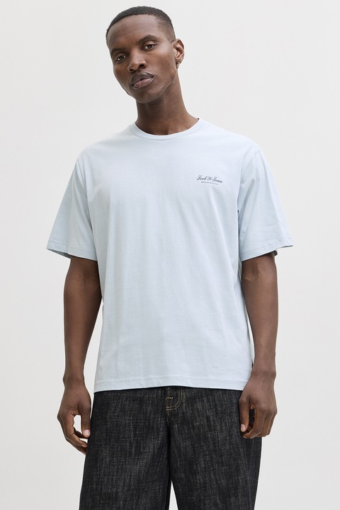 Jack & Jones, Tricou de bumbac organic cu imprimeu logo, Albastru pastel