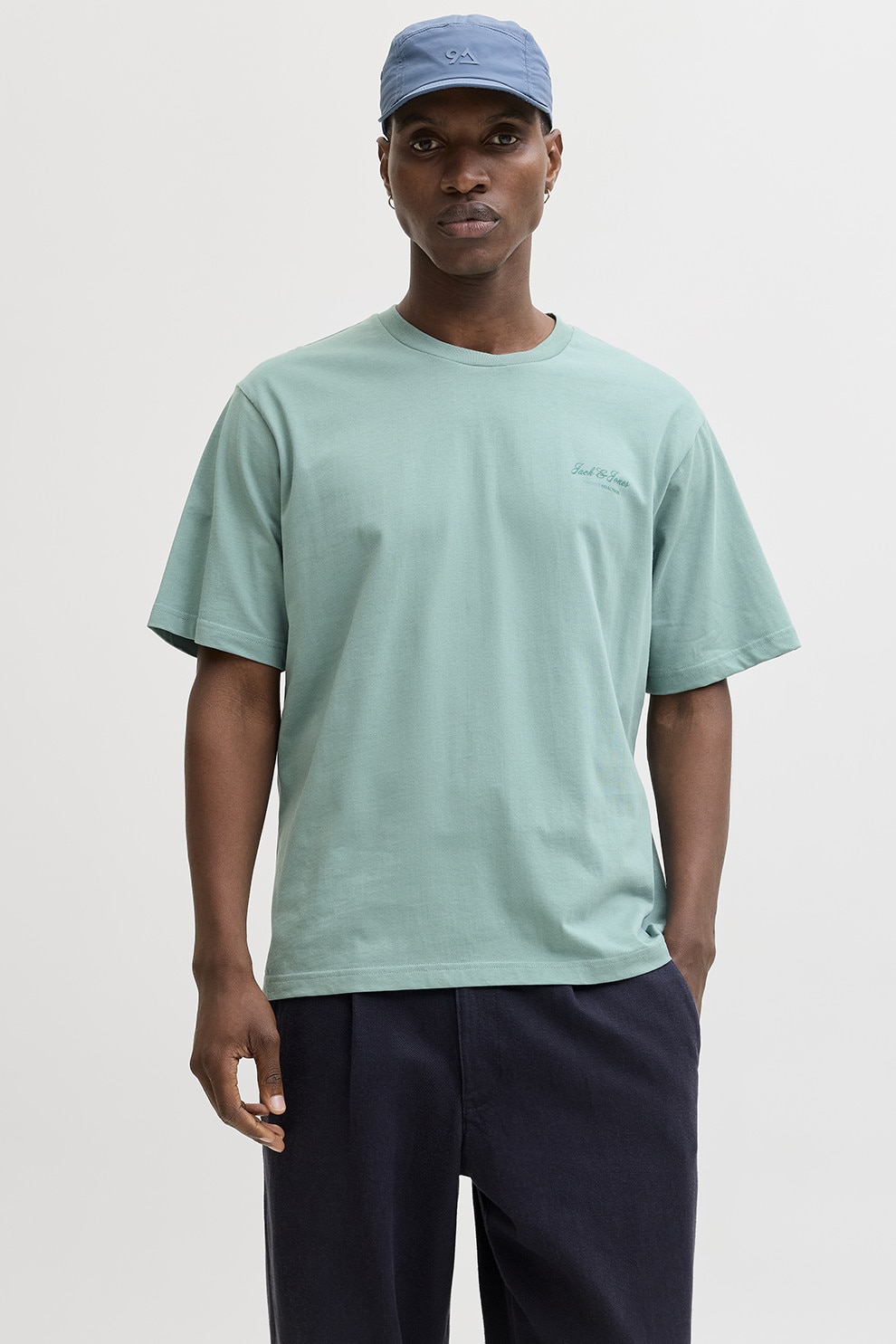 Jack & Jones, Tricou de bumbac organic cu imprimeu logo, Albastru aquamarin, S