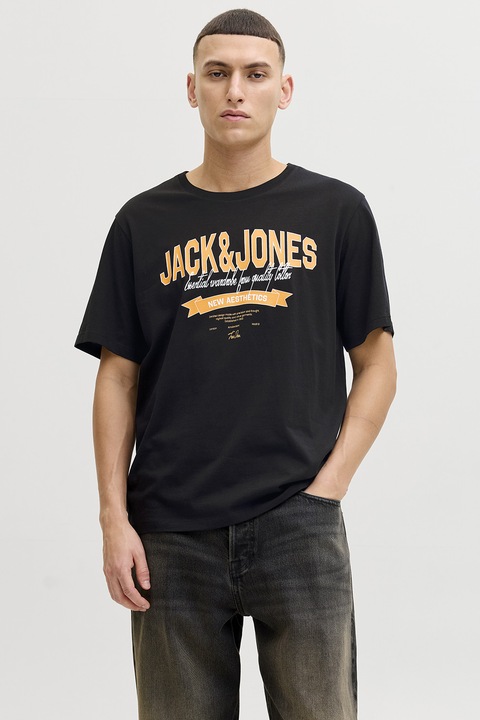 Jack & Jones, Tricou de bumbac organic cu imprimeu logo pe piept, Negru/Portocaliu