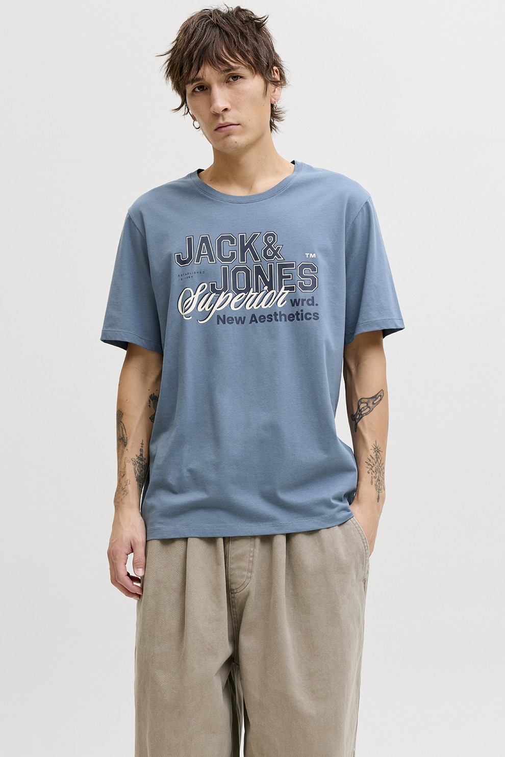 Jack & Jones, Tricou de bumbac organic cu imprimeu logo pe piept, Albastru lavanda, M