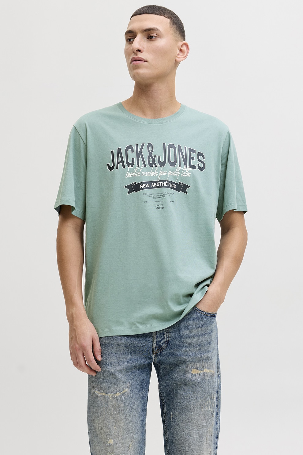 Jack & Jones, Tricou de bumbac organic cu imprimeu logo pe piept, Turcoaz, M