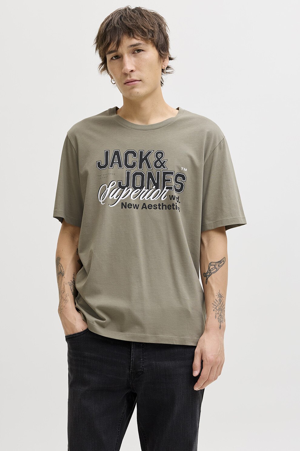 Jack & Jones, Tricou de bumbac organic cu imprimeu logo pe piept, Grej, S