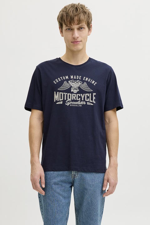 JJ REBEL, Tricou de bumbac cu imprimeu text, Bleumarin