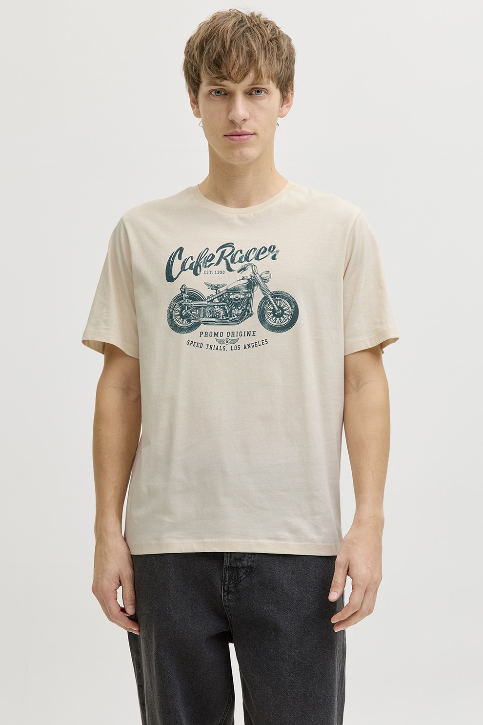 JJ REBEL, Tricou de bumbac cu imprimeu text, Crem, XL