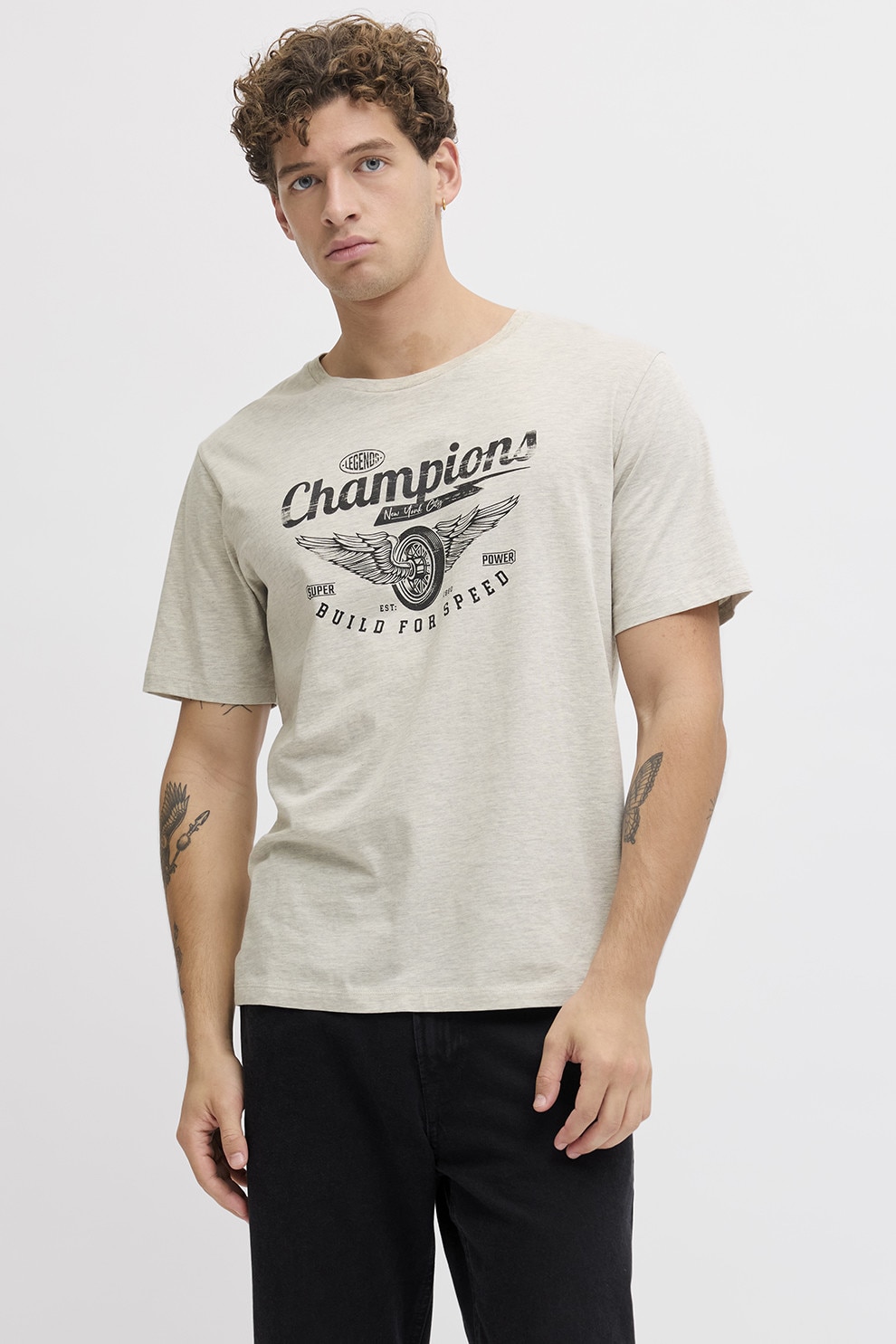 JJ REBEL, Tricou de bumbac cu imprimeu text, Gri deschis melange, XL