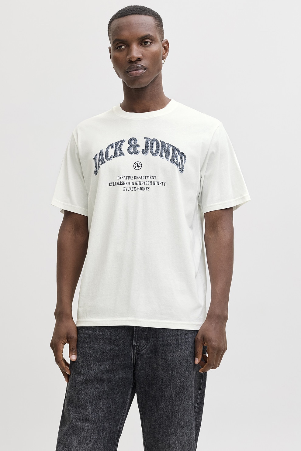 Jack & Jones, Tricou de bumbac organic cu imprimeu logo, Alb, Bleumarin, XL