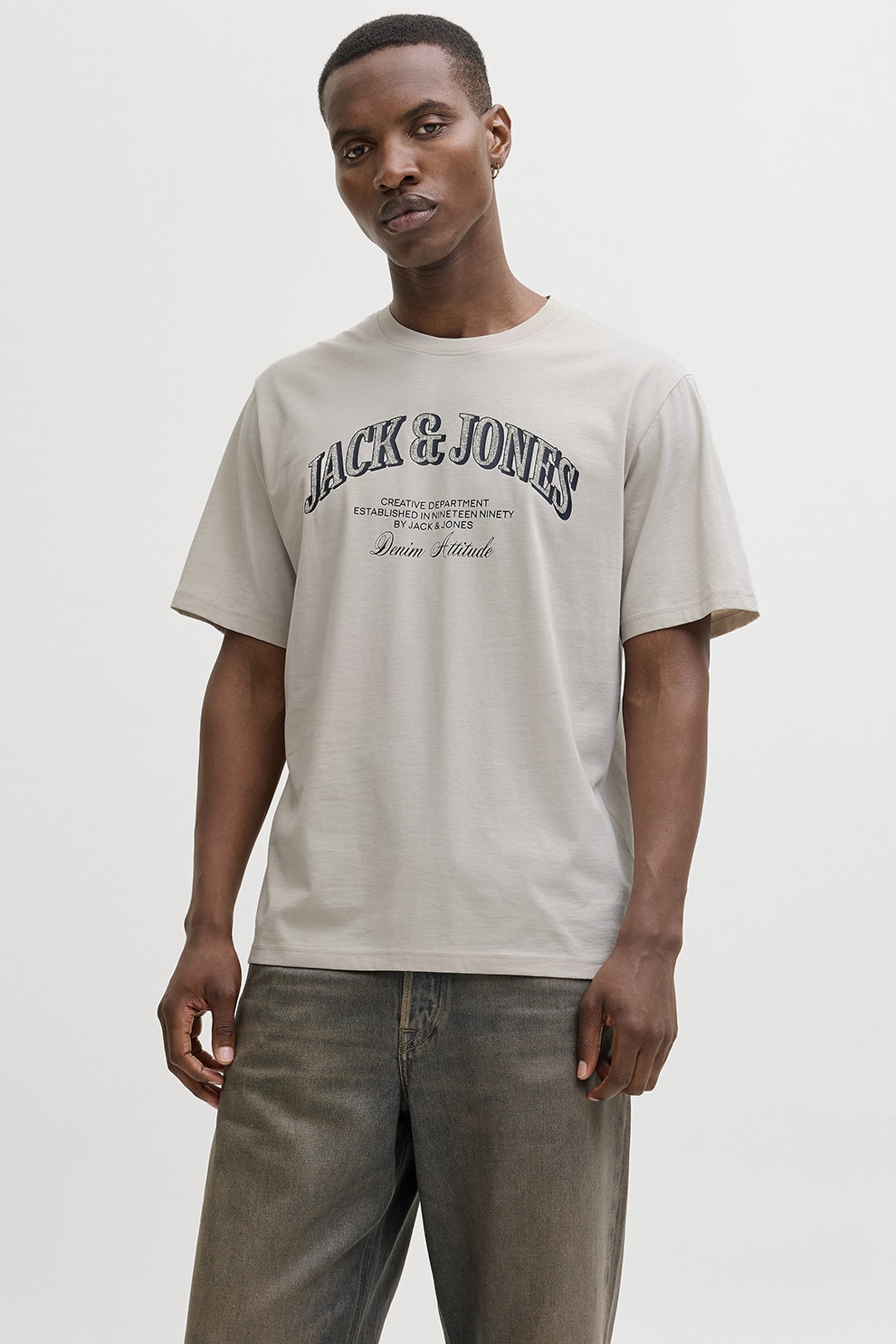 Jack & Jones, Tricou de bumbac organic cu imprimeu logo, Alb murdar, XL