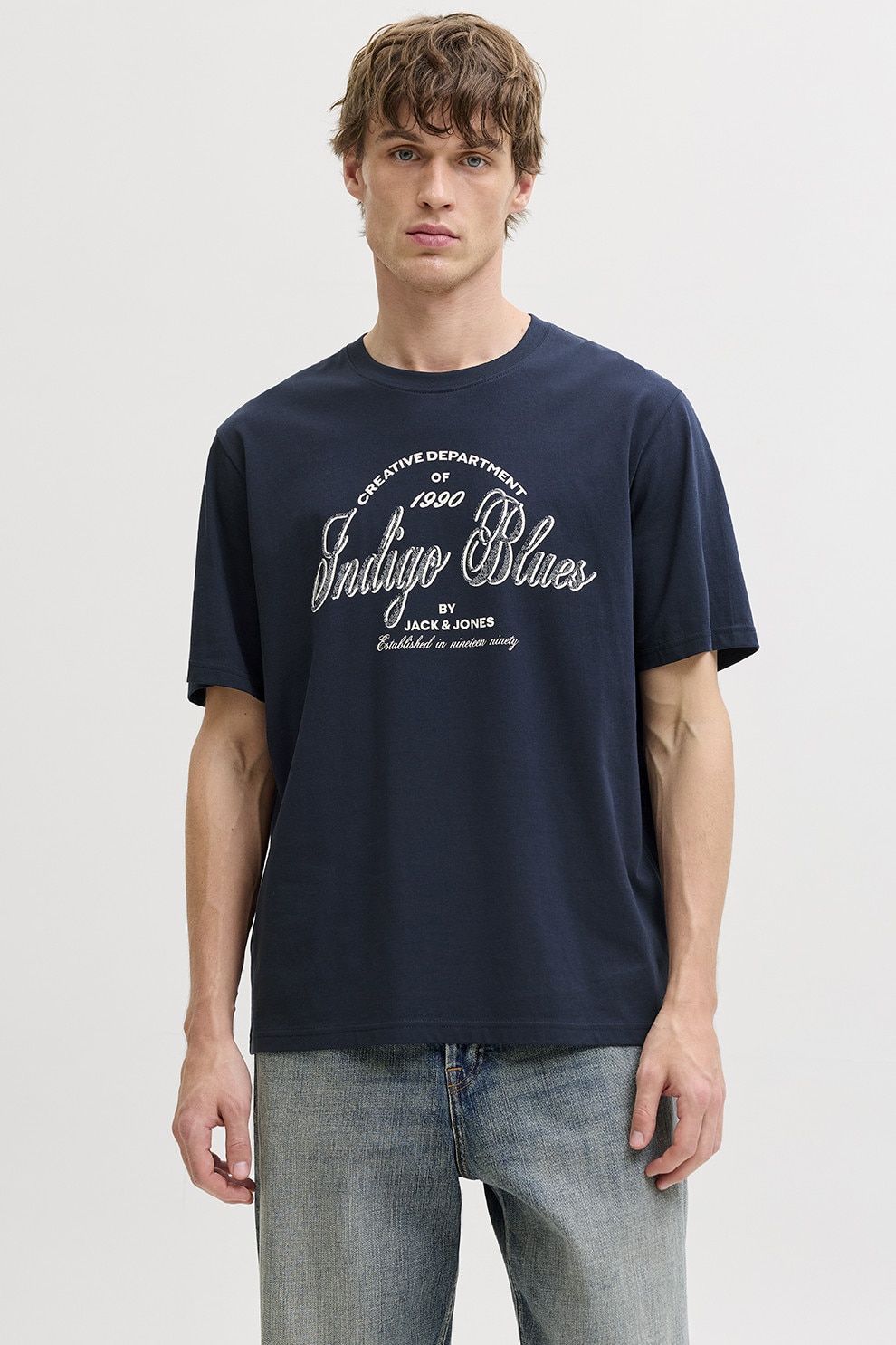 Jack & Jones, Tricou de bumbac organic cu imprimeu logo, Bleumarin, M