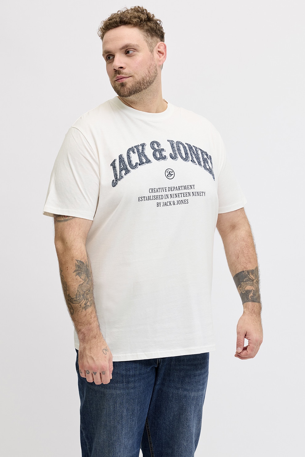 Jack & Jones, Tricou de bumbac organic cu imprimeu, Alb, Albastru, 4XL