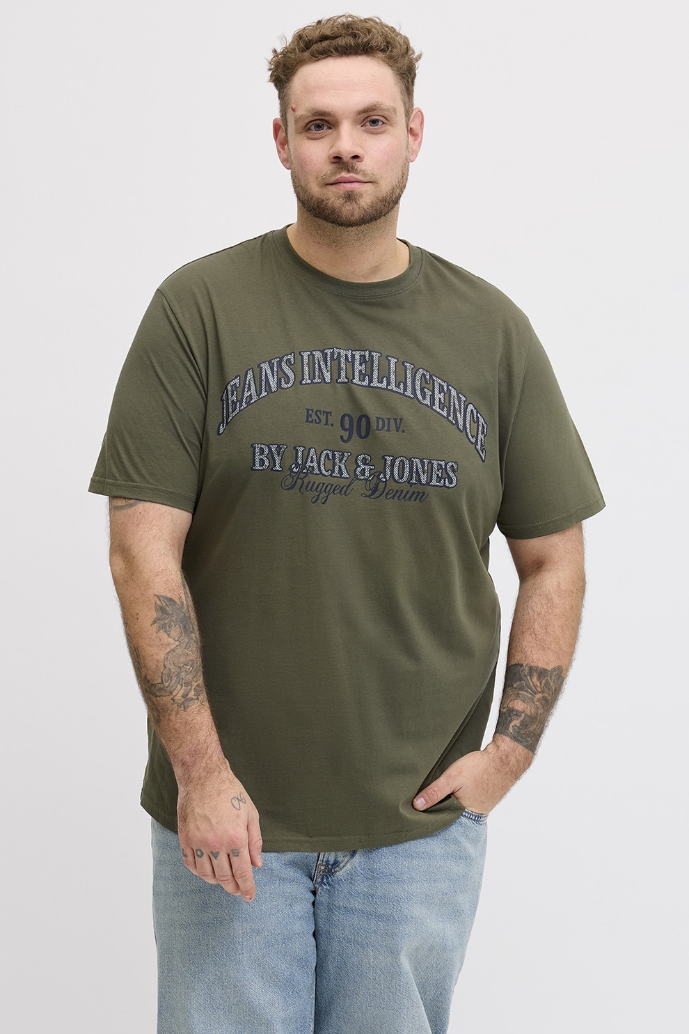 Jack & Jones, Tricou de bumbac organic cu imprimeu, Verde masliniu, 4XL