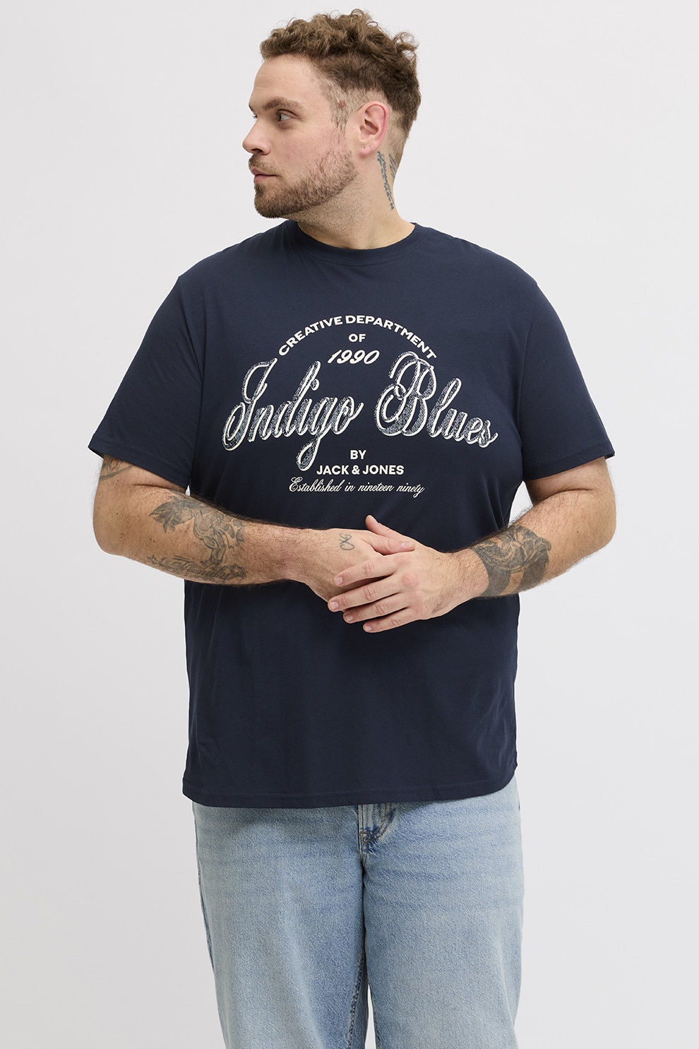 Jack & Jones, Tricou de bumbac organic cu imprimeu, Bleumarin, 5XL