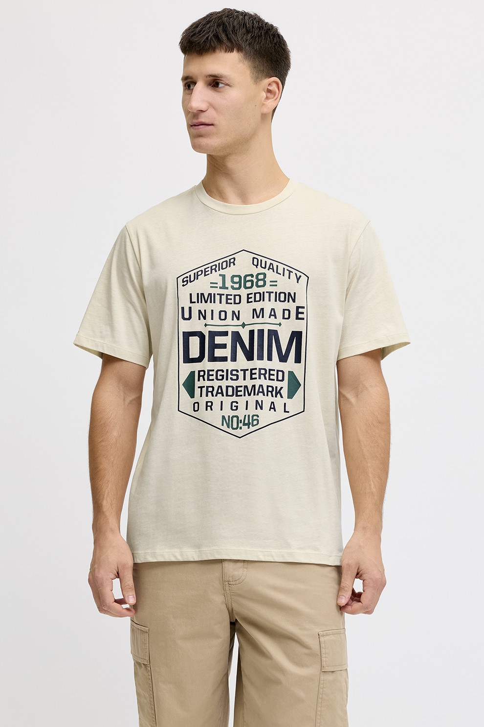 JJ REBEL, Tricou din amestec de bumbac cu imprimeu text, Crem, XL