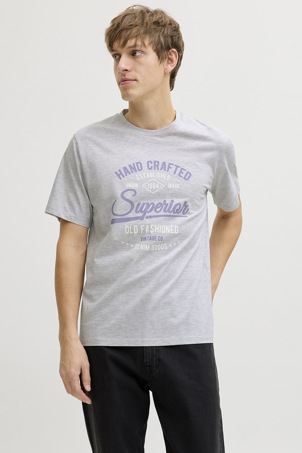 JJ REBEL, Tricou din amestec de bumbac cu imprimeu text, Gri deschis melange, XL