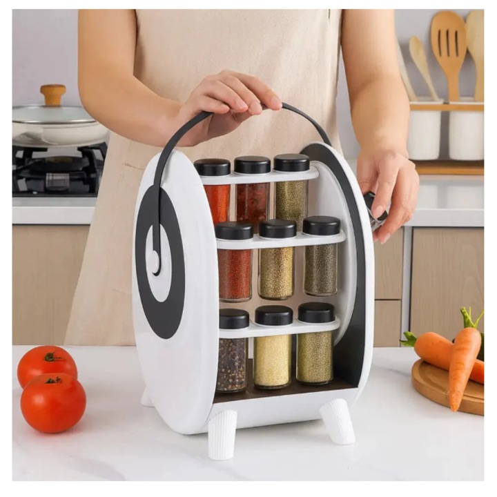 Suport rotativ pentru condimente, rotatie 360°, 18 borcane de sticla, organizator bucatarie, alb
