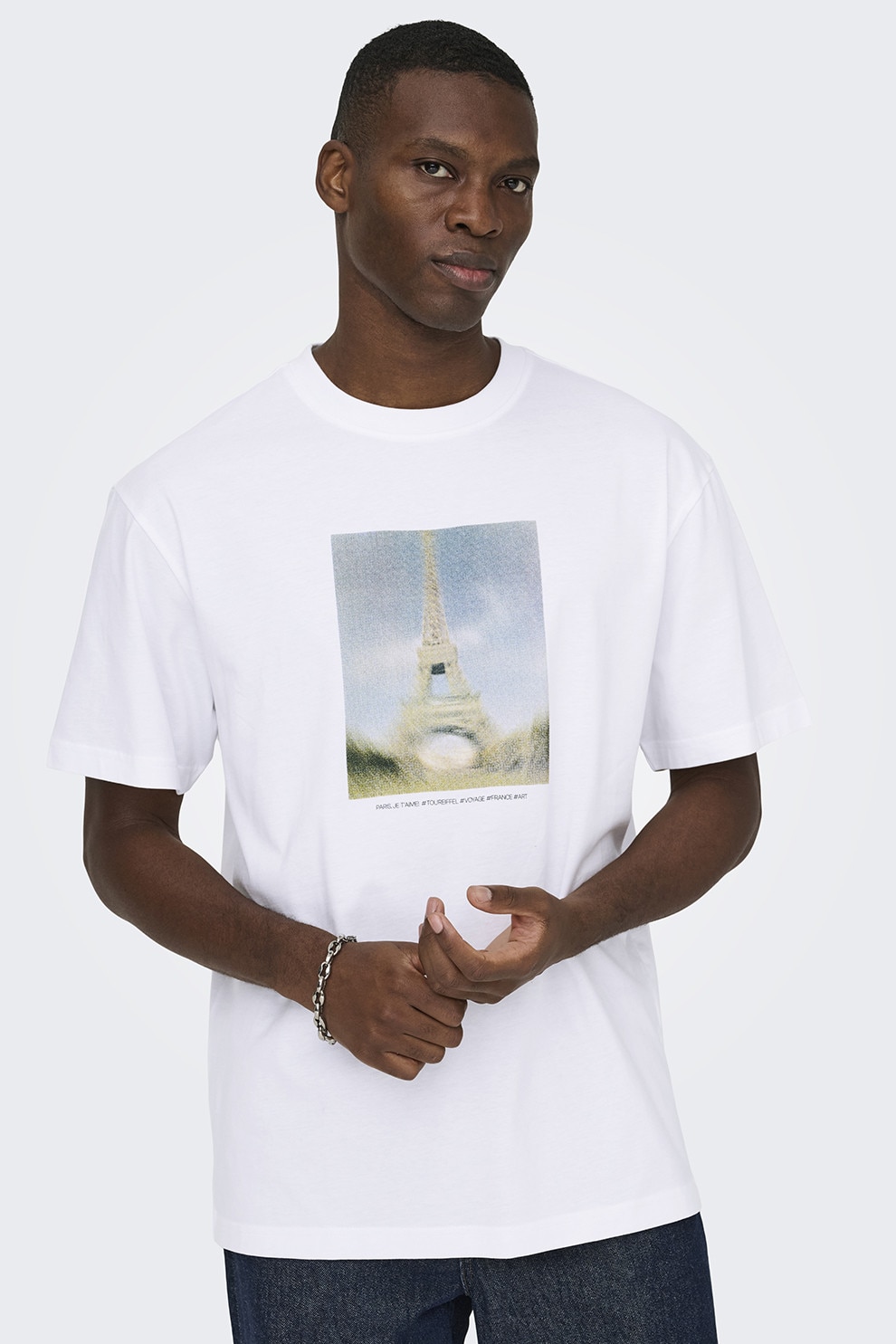 Only & Sons, Tricou relaxed fit de bumbac organic cu imprimeu, Albastru prafuit, Alb optic, L