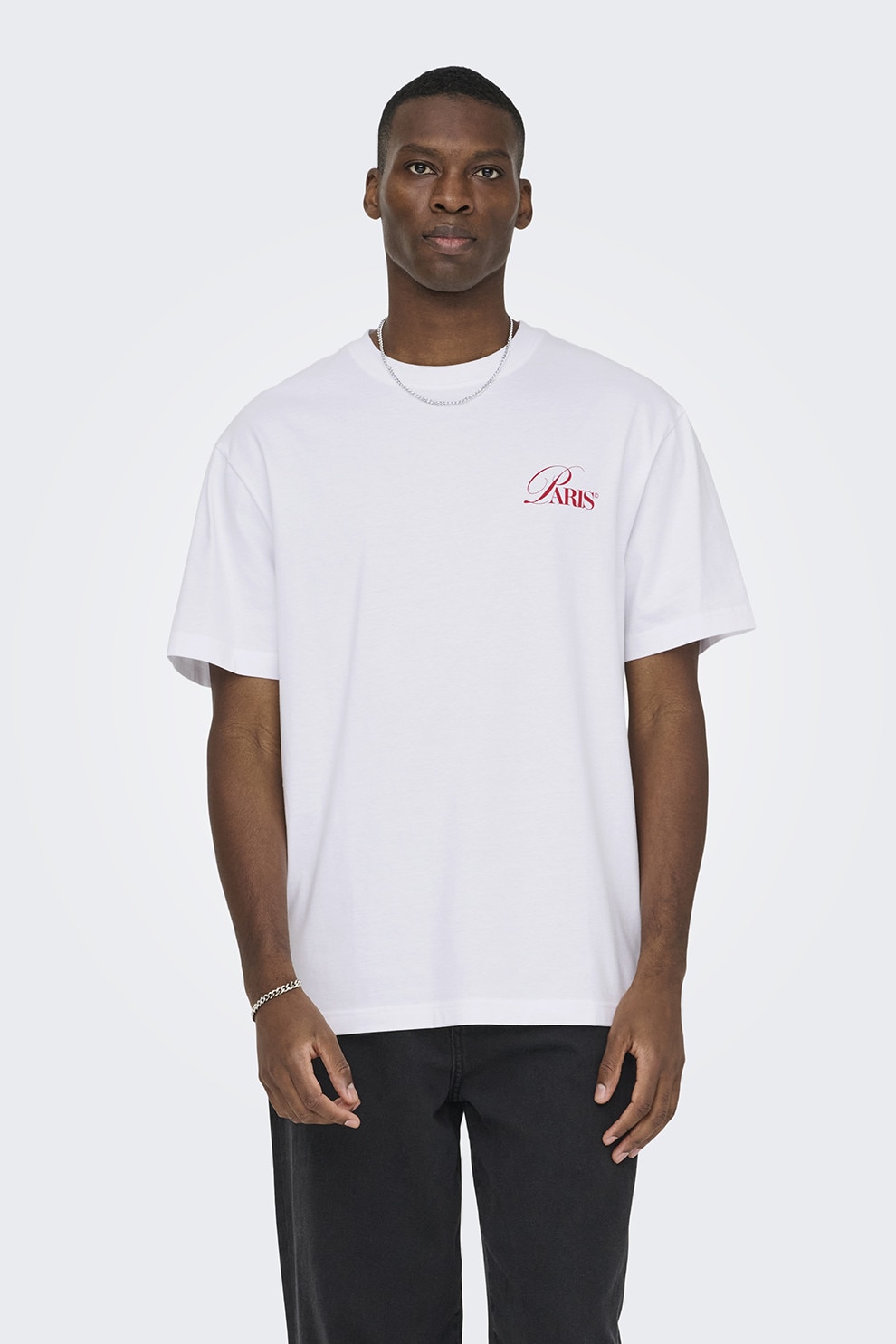 Only & Sons, Tricou de bumbac organic cu imprimeu grafic si text, Rosu, Alb, L
