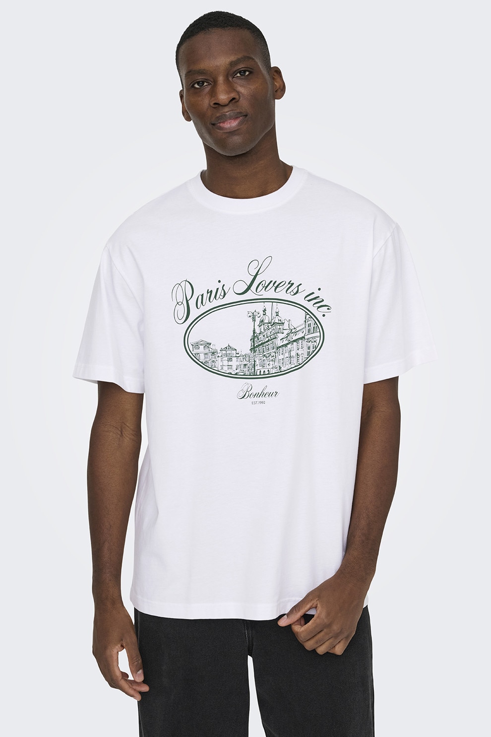 Only & Sons, Tricou de bumbac organic cu imprimeu grafic si text, Verde, Alb optic, L