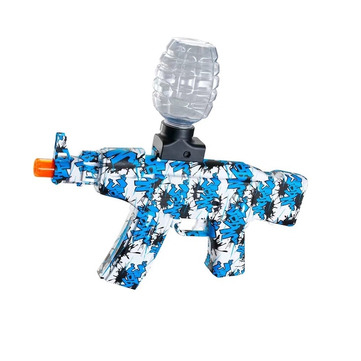 Mitraliera de jucarie electrica AK47 2 in 1 cu bile gel si ventuze spuma, gun blaster, tragere automata in rafala, 25000 bile incluse, ochelari protectie, amortizor, albastru, 6+ ani